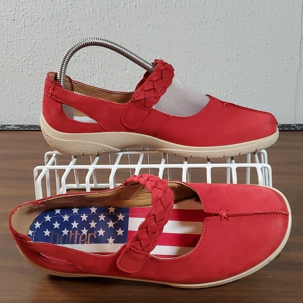 Hotter Red Leather US UK Flag Insoles Shake‎ Mary Jane Cutout Shoes 7½